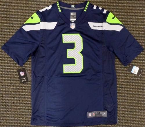 Seattle Seahawks Russell Wilson autografou a camisa azul Nike Size M RW Holo Stock #159119 - Jerseys da NFL autografada