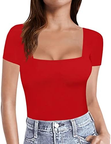 Cggmvcg tops para mulheres femininas manga curta de manga longa Camisetas de pescoço quadrado tamas de camisetas gráficas para