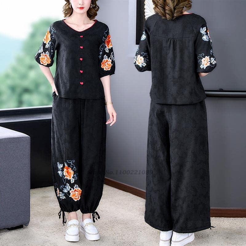 Mulheres de estilo chinês Bordado nacional de flor de linho de algodão étnico perna larga hanfu calça pantalones color1 l