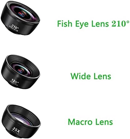 Atualizado 3 em 1 lente telefônica kit-210 ° Fisheye Lente + lente macro + 120 ° Lente de grande angular com clipe, lente de telefone