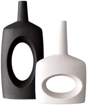 Vasos de cerâmica de guerra H. Vaso 2 preto e branco Junto para decoração de vaso geométrico. Vaso de flor preto e vaso moderno branco. Resumo minimalismo nórdico na sala de estar, banheiro, decoração da cozinha