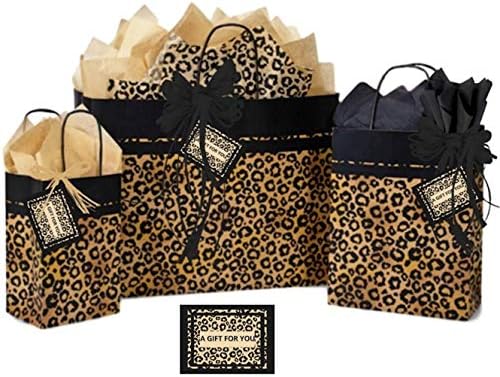 Sacos de presente de Leopard tamanhos variados com tags de papel de seda coordenadas e fita de rafia