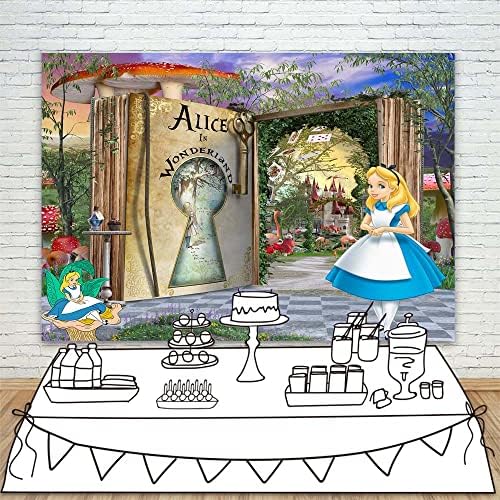 Alice em Onederland 1º Aniversário Menina Caso -Centro de 7x5ft Book Fada Fotografia Background Vinyl Alice In Wonderland Decorações com temas de feliz aniversário para meninas para Banner de chá de bebê