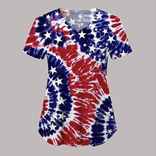 4 de julho camisetas para mulheres bandeira dos EUA T-shirt de manga curta em pescoço com 2 bolsos Blush Top Holiday