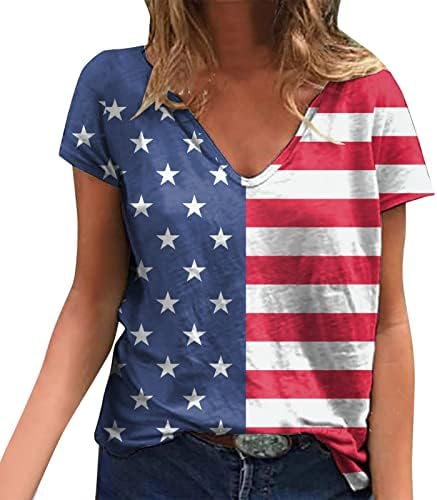 4 de julho Camisas para mulheres de verão Casual American Bandeira camiseta de manga curta listras em vínculos de telha