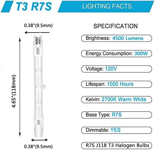 Pacote de 4 lâmpadas de halogênio R7S 118mm 300W 4,7 polegadas T3 RSC Dimmable 4500lm J Tipo Linear linear Bulbo