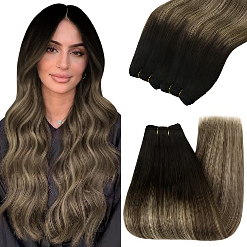Pacotes - 2 itens: Clip on Hair Extensions Human Hair Balayage preto a marrom com loiro de 16 polegadas em extensões de cabelo cabelos