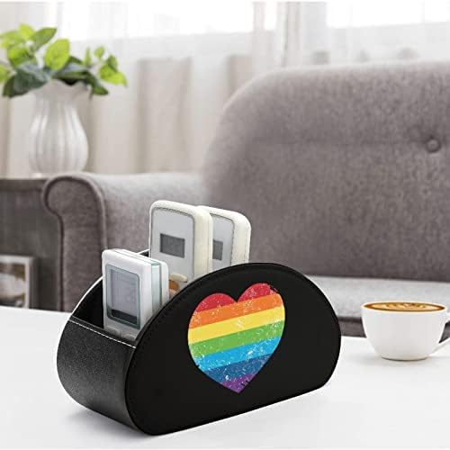 Direitos dos gays Rainbow Retro Heart Flag Remote TV Control Titular PU Organizador de caixa de armazenamento de couro com 5 compartimentos