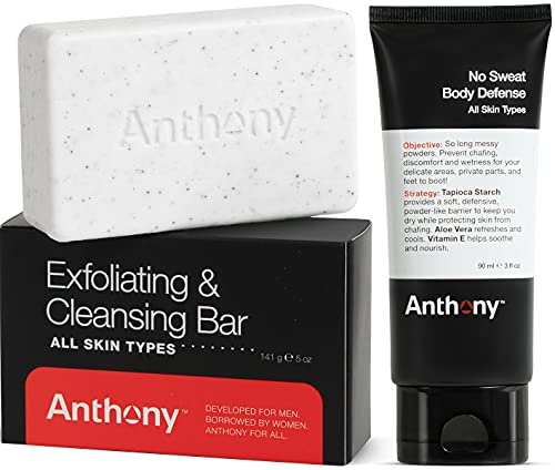 Anthony No Sweat Body Defense, Talc Anti-Crafe Free Cream para Loção em Pó, 3 Fl Oz e Anthony esfoliando e limpa bar, toranja,