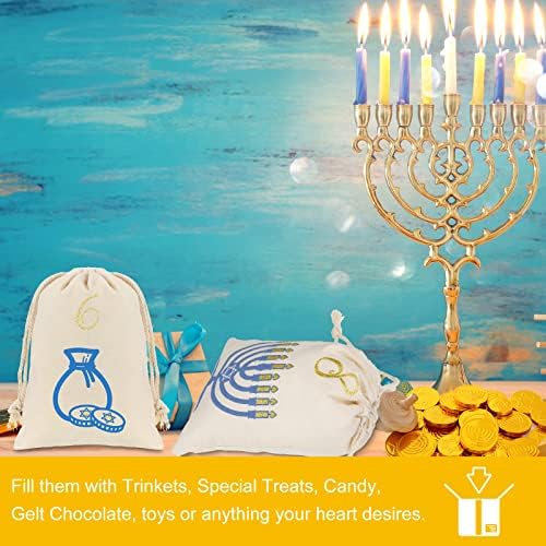8 peças 8 noites de sacos de presente de Hanukkah Chanukah Countdown Sacos de estopa de tração de traço Bolsas de pano de estopa reutilizáveis ​​Bolsas de pano festival Bolsas de tecido de linho de linho Sacos de guloseimas, 8 estilos