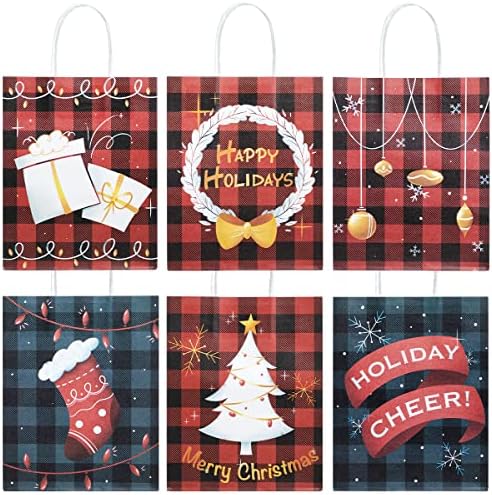 Joyin 24 PCs Christmas Buffalo Plaid Presente Sacos em 6 Design com alças para suprimentos de festa de Natal, sacolas de presente