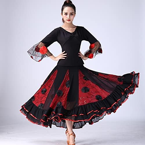 Vestidos de dança de salão para mulheres vestido de flamenco de flores longa saia folclórica com fantasia de alta