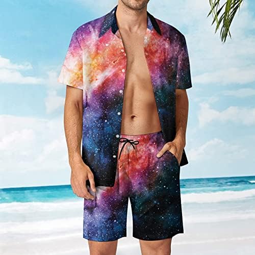 Espaço Nebulosa Men 2 Peças Hawaiian Set Button-Down Sleeve Shirts Calças de praia Faixa Fit