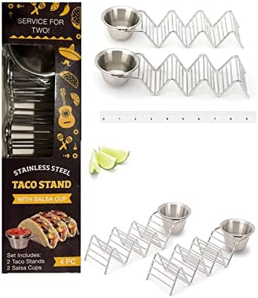 Titulares de taco com xícaras de salsa - estilo de bandeja de suporte de taco de aço inoxidável, forno seguro para assar, lava