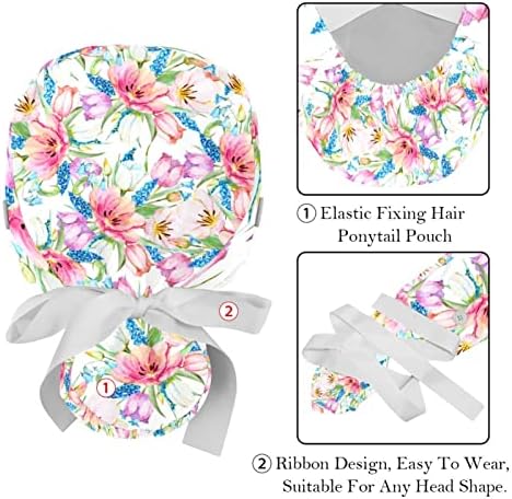 2 pacotes limpam as mulheres com botões, chapéus de crânio elástico de amarração ajustável, Cap cirúrgico floral de floral
