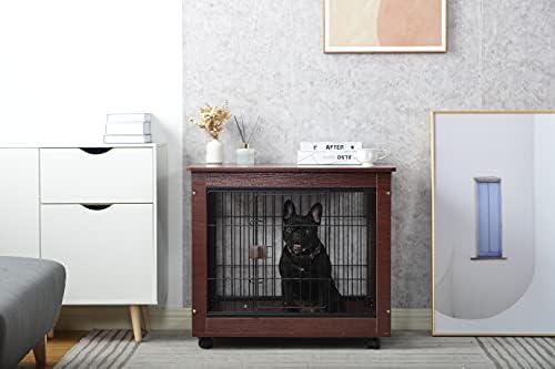 Móveis de 31 ”Comprimento da caixa de gaiola de pet cães com estrutura de madeira e arame de ferro e atendimento de travamento, uso interno de casa de cachorro médio.
