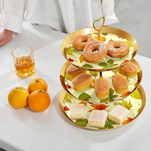 Dragonbtu Cupcake Stand com haste dourado plástico de sobremesa em camadas de torre de torre de outono folhas plantas padrão