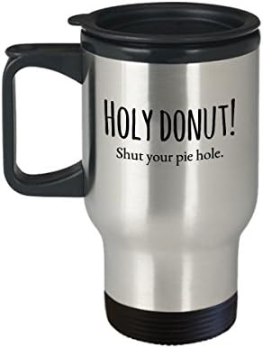 Donut Travel Canela - Santo Donut! Feche o seu buraco de torta - 14 oz de aço inoxidável xícara de café com tampa