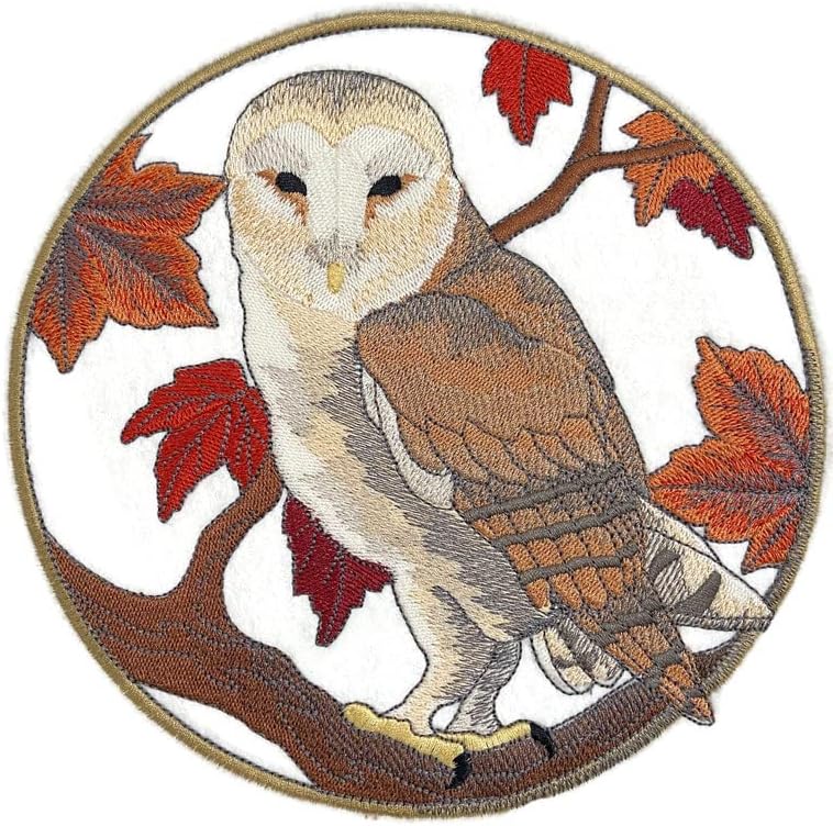 Além da visão, pássaros personalizados [coruja do celeiro no outono] Ferro bordado ON/CAW Patch [6,92 W x 6,91]
