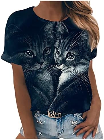 3D Camisas de estampa de gato feminino casual de manga curta Tops básicos de animais fofos de animais gráficos de pescoço de verão tee blusa