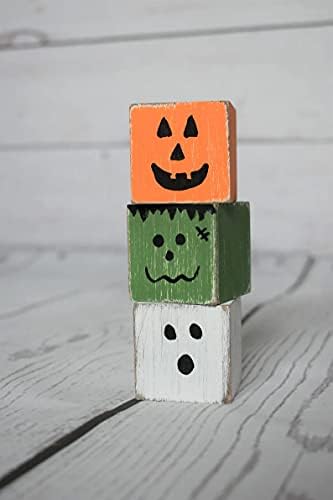 Set/3 Monster Halloween Wood Block Sitter, decoração de casa, decoração de madeira de outono, decoração de Halloween, bandeja em camadas