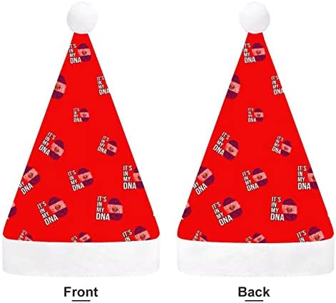 Está na minha bandeira de DNA El Salvador Funnic Chattle Hat de Papai Noel Hats Plush Short com punhos brancos para suprimentos de decoração de festa de férias de Natal