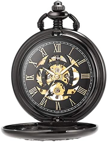 Relógios de bolso mecânicos antigos de Manchda para homens Lucky Dragon Phoenix Pocket Watch com cadeia Black Skeleton Dial Número