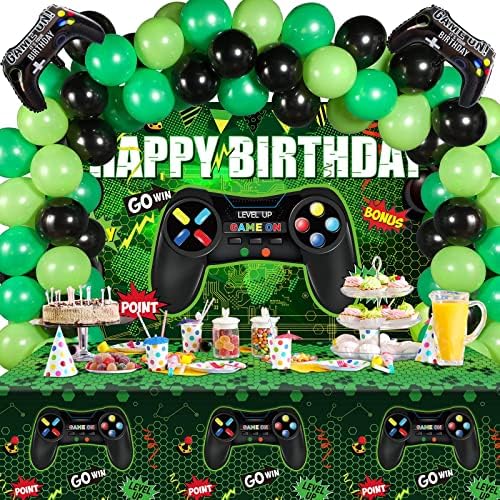 Decorações de festas de aniversário de videogame Conjunto de jogos para jogos de feliz aniversário Inclui cenário de videogame, capas de mesa, balões e balões de jogadores de alumínio para festa de aniversário