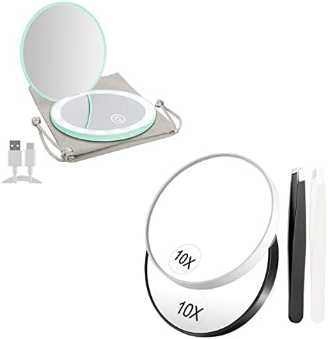 Milishow 10x espelho de ampliação com pinças de sobrancelha, espelho compacto com luz LED, espelho recarregável de ampliação 1x/10x,