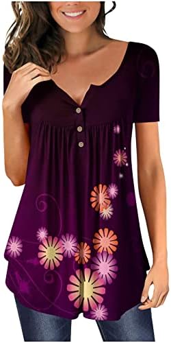Mangas curtas blusa de camiseta feminina botão plised tops tops soltos de estampa de flor moderna túnica v-shirt de pescoço top
