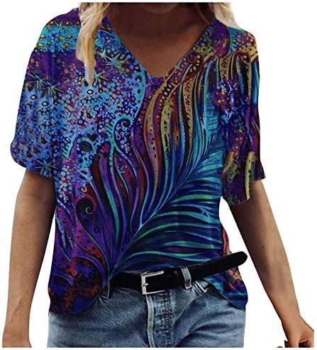 Tampas casuais de verão para mulheres por toda a tampa colorida de tampos coloridos v pescoço de manga curta camiseta 2023 blusas modernas