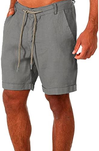 Shorts de linho de algodão masculino de Beuu, lixo liso de cordas lisadas de tração reta Bermudas de praia de praia de praia com bolsos