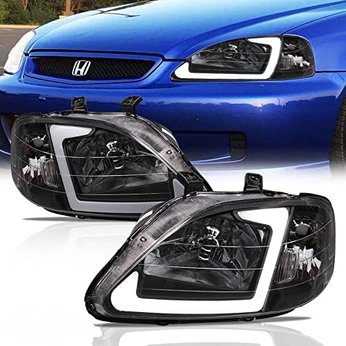 Montante do farol compatível com o Honda Civic 1999-2000 ek ej em lâmpada dianteira com alojamento DRL-Black/lente clara/refletor