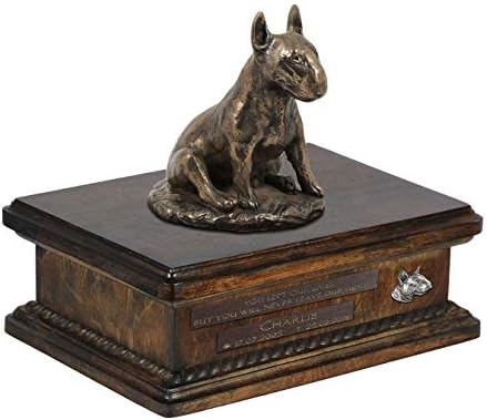 Bull Terrier sentado 2, urna para cães cinzas memorial com estátua, nome do animal de estimação e citação - Artdog personalizado