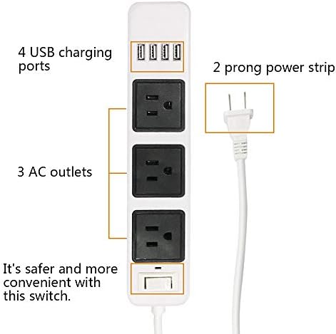 Faixa de potência 2 cabo de extensão de ponta de 6,6 pés com 3 pontos de venda e 4 protetor de protetor USB Plugue plano