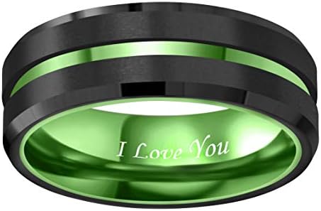 Royalkay 8mm Green Black Tungsten Banda de casamento Ring Men Women Matte Acabar Groove verde polido gravado I Love You Comfort Fit