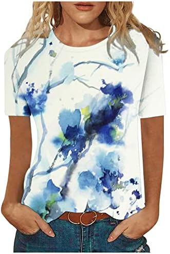 Senhoras Manga curta Crew pescoço de algodão pintando a blusa gráfica de flor de flor de verão Blusa de outono para