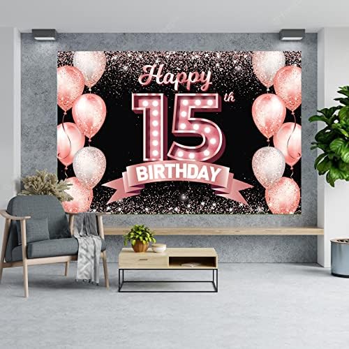 Feliz aniversário de 15 anos Banner de ouro rosa Caso -cenário aplaudir para balões de confete de 15 anos decoração de decoração de tema para meninas 15 anos de aniversário rosa festas bday suprimentos de fundo favores de presente