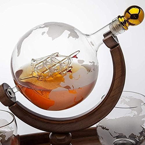 Wine Rack Whisky Decanter Whisky Decanter, Globo de navios com 2 copos de uísque mundial, linda garrafa de vinho artesanal,