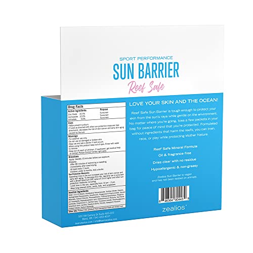 Zealios Sun Barreira Broad Spectrum SPF 50 Protetor solar de zinco - Pacotes de tamanho de deslocamento esportivo ativo resistente à água e não -gelo