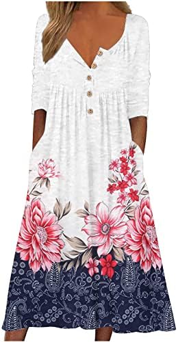 Vestido de cintura casual e casual com bolso, damas de tamanho floral de tamanho floral botão casual para baixo vestido midi