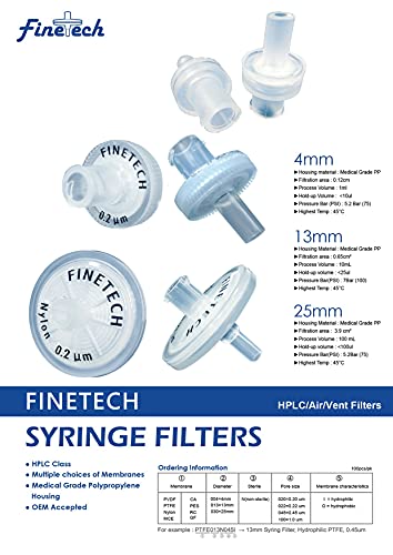 Filtros de seringa de nylon 25 mm de diâmetro 0,22μm Tamanho do poro para filtração de laboratório pela Finetech feita em