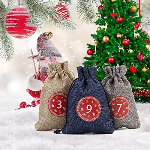 Lintimes 24 Bolsas de contagem regressiva de Natal Calendário Advento, 3 cores Sacos de serapilheira com 1-24 Números adesivos Reutil
