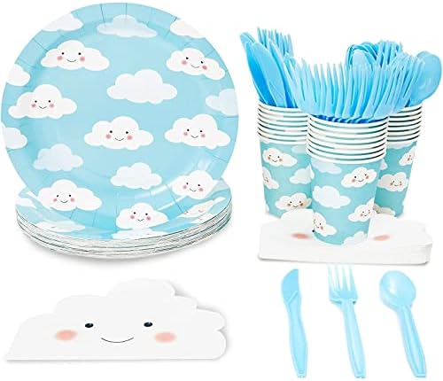 Conjunto descartável de utensílios de jantar - serve 24 - Design de nuvens fofas, aniversário infantil, suprimentos para festas de chá de bebê, inclui facas de plástico, colheres, garfos, pratos de papel, guardana