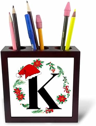 3drose K Monogram de Natal Inicial com chapéu de Papai Noel e grinaldas - titulares de caneta de telha