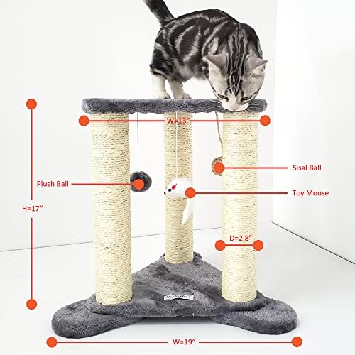 Postagens de arranhões de gato cinza Heykitten com poleiro e brinquedos pendurados e 24 Faro Floor Cat Hammock Combo