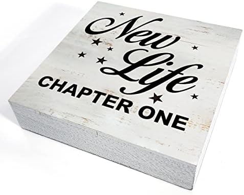New Life Capítulo Um sinal de caixa de madeira com Dizer Decoração de mesa de 5 x 5 polegadas Caixa de casamento Placa