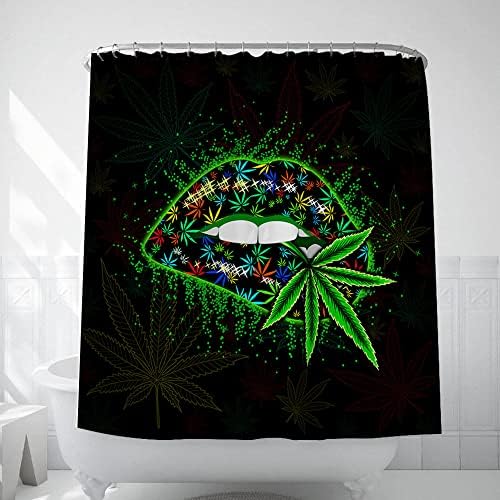 Cortina de chuveiro de lábios sexy de mulheres brilho, brilho e psicodélico Tripppy Hippie Weed Leaf Hemp Marijuana