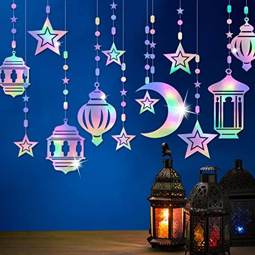 Ramadã Mubarak Party Garland Decor 12pcs Iridescent Ramadã Estrela Lua Lanterna Garland Twinkle Fladers Para Ramadã