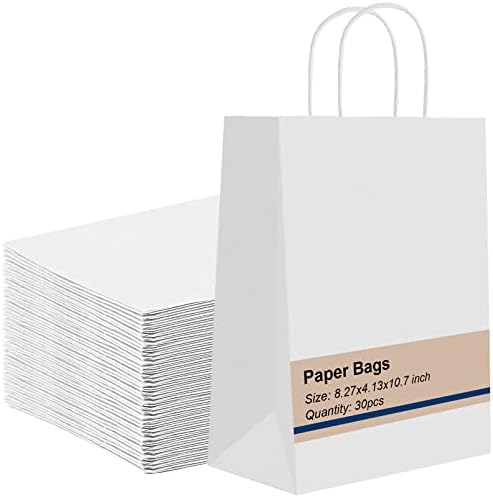 Sacos de papel, 30pcs Kraft Paper Sacos 8.27x4.13x10.7inch, sacos de presente de papel branco, sacos de papel brancos com